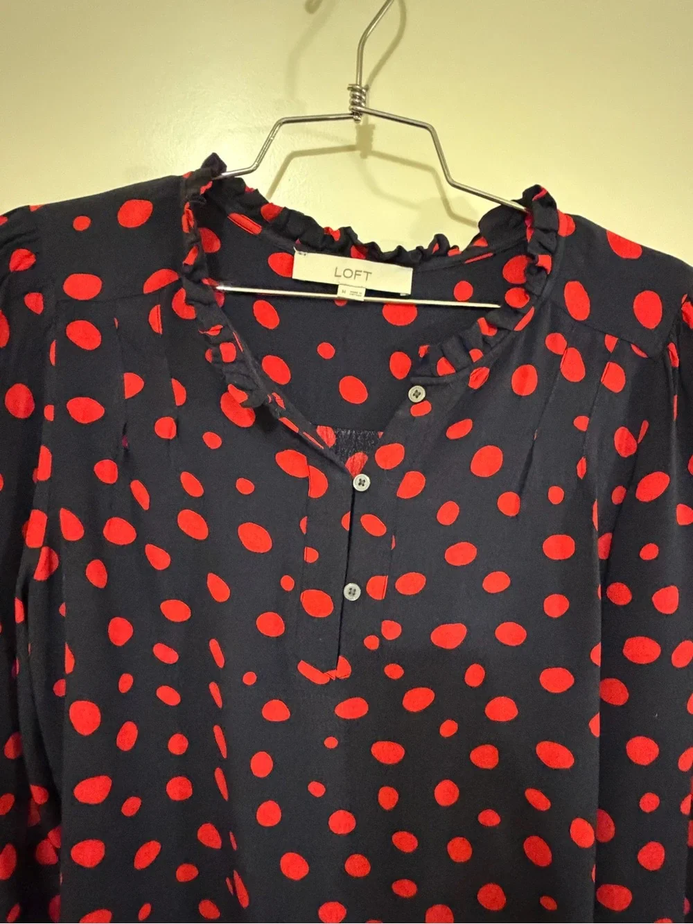 LOFT Navy Blouse with Red Polka Dot Print